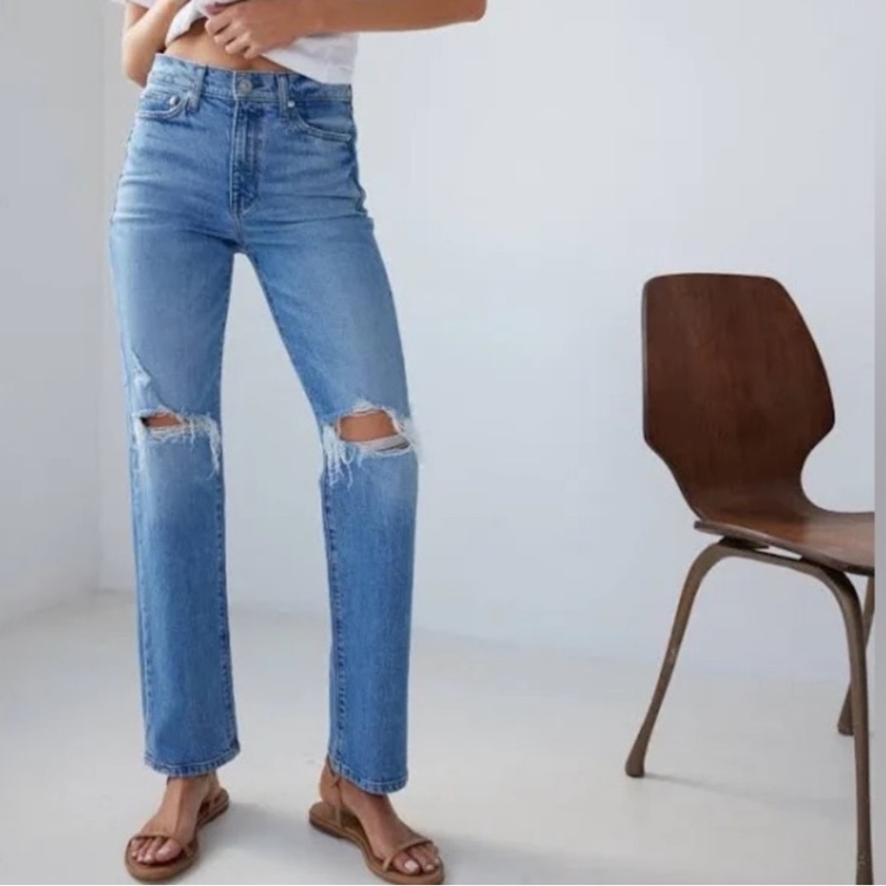 AYR High Rise The Lala Straight Leg Jeans Distressed Medium Light Wash Size 28